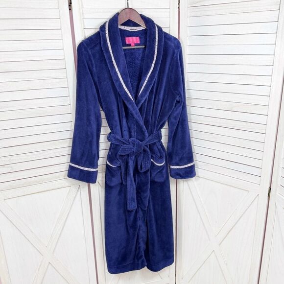 Victorias Secret Logo Ribbon Trim Fleece Bathrobe Robe Blue Small - Picture 8 of 12